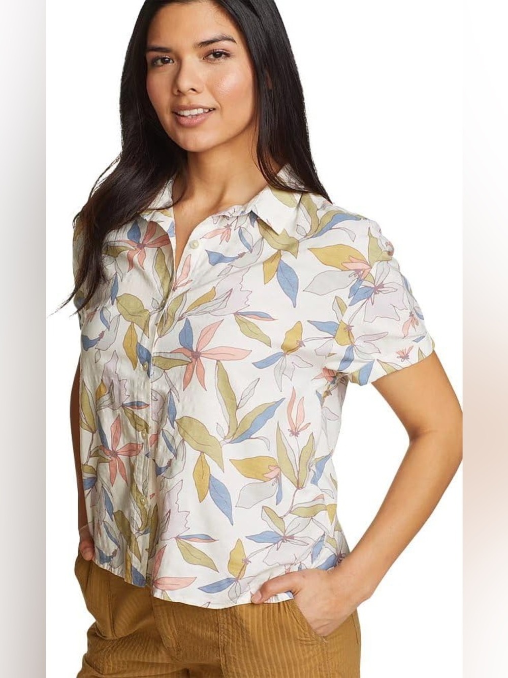 Eddie Bauer Baja Shirt 3X Cream Floral Short Sleeve Button Down NWT